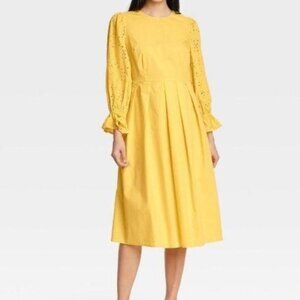 Who What Wear Yellow Eyelet Longsleeve Dress XS